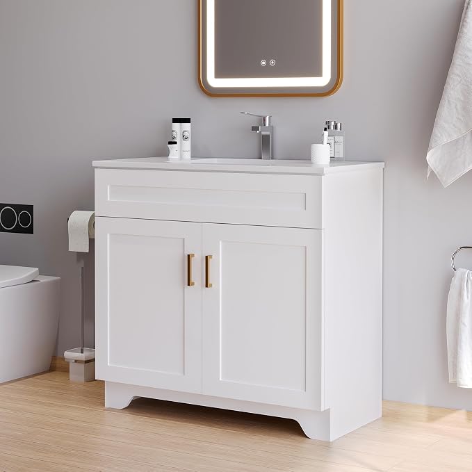 36 Inch Bathroom Vanity, Wooden Double Door Bathroom Storage Cabinet, Freestanding Cabinet Vanity Without Sink (White Without Sink, 36")