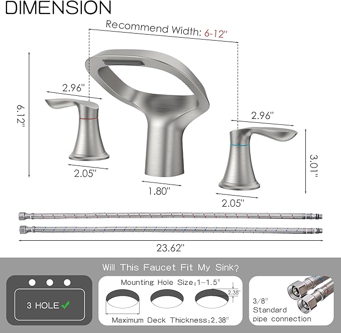 Bathroom Faucet 3 Hole, Brushed Nickel Bathroom Sink Faucets with 2 Handle, Solid Brass Modern Widespread Vanity Faucet with Hoses for 6 to 12 Inch Sinks