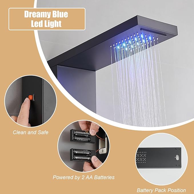 6 in 1 Shower Panel Tower System, Rainfall Shower Panels Set w/LED and Digital Display Stainless Steel Shower Tower with Waterfall Tub Spout 2-Type Massage Jets Handheld Head Matte Black