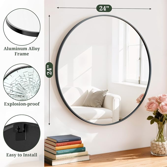 Round Wall Mirror 24 Inch Black Vanity Mirror with Metal Frame | Modern Circle Wall Mounted Decorative Mirrors for Bathroom, Entryway, Bedroom, Living Room