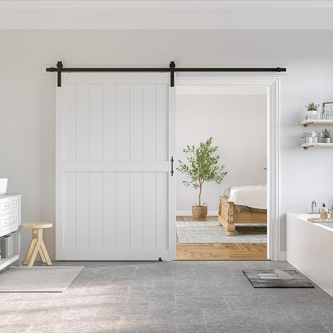 SMARTSTANDARD 54" x 84" White Sliding Barn Door with 9FT Black Hardware | Pre-Drilled Ready to Assemble, Waterproof PVC Coating, H-Frame