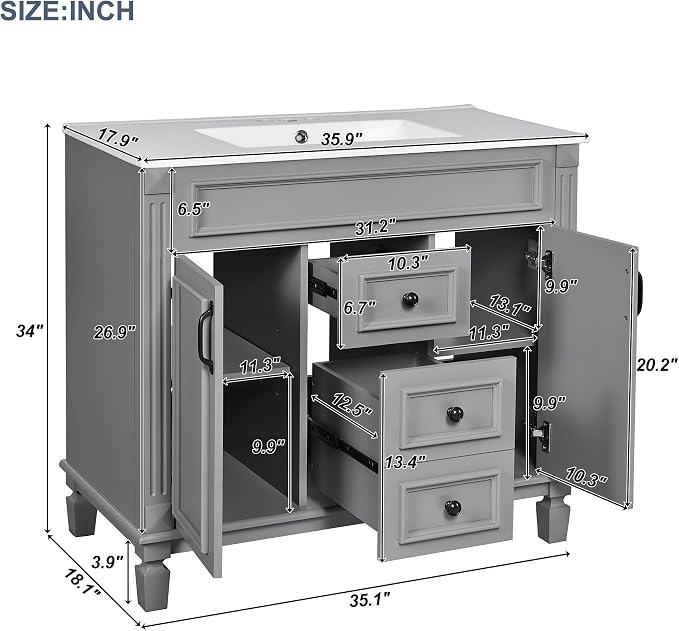 36" Bathroom Vanity with Top Sink, Mirror Cabinet, Modern Bathroom Storage Cabinet with 2 Soft Closing Doors and 2 Drawers, Single Sink Bathroom Vanity