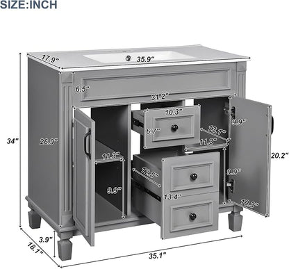 36" Bathroom Vanity with Top Sink, Mirror Cabinet, Modern Bathroom Storage Cabinet with 2 Soft Closing Doors and 2 Drawers, Single Sink Bathroom Vanity