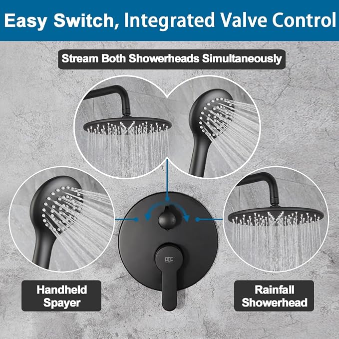 All Metal Black Shower Faucet Set, 10 Inch Round Shower Head and Handle Set, Bathroom Rainfall Shower System, Wall Mounted Shower Fixtures, Include Shower Valve and Trim Kit