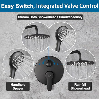 All Metal Black Shower Faucet Set, 10 Inch Round Shower Head and Handle Set, Bathroom Rainfall Shower System, Wall Mounted Shower Fixtures, Include Shower Valve and Trim Kit