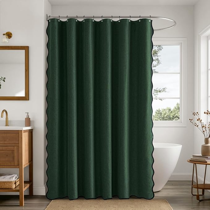 ANRODUO Dark Green Scalloped Linen Textured Shower Curtain, W72 x L84 | Boho Farmhouse Shower Curtain with 12 Metal Hooks, Machine Washable Waterproof Heavy Duty Fabric for Bathroom Bathtub
