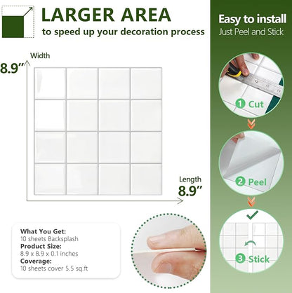 STICKGOO 10 Sheets Peel and Stick Backsplash - 9" x 9" 5D Adhesive Peel and Stick Tile Backsplash for Kitchen&Bathroom