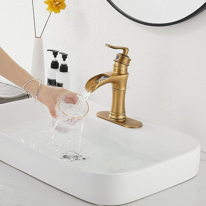 Waterfall Bathroom Faucet Antique Brass GGStudy Single Handle One Hole Farmhouse Bathroom Vanity Faucet Basin Mixter Tap Deck Mount with Drain Assembly