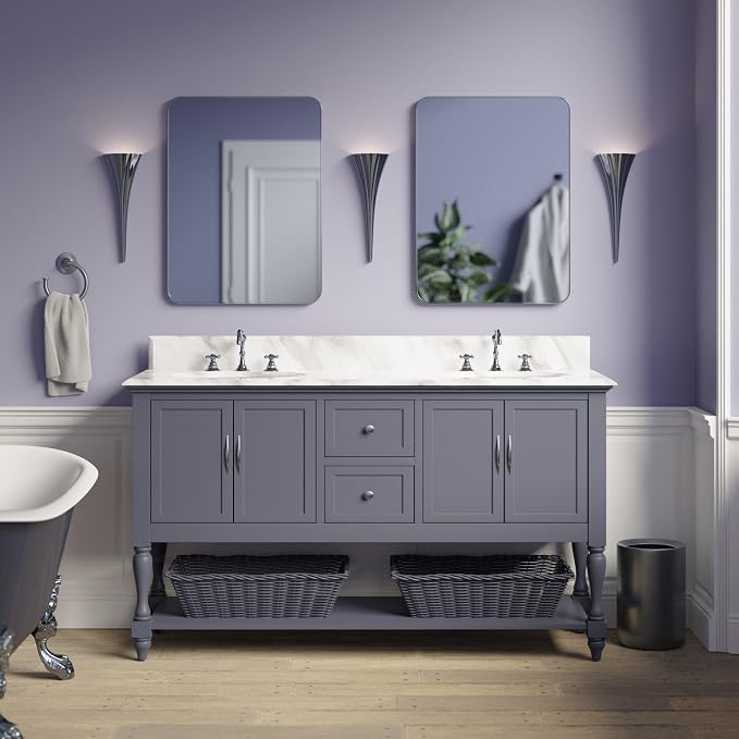 Beverly 60-inch Double Bathroom Vanity (Marine Gray/Carrara): Includes Marine Gray Cabinet with Authentic Italian Carrara Marble Countertop and White Ceramic Sinks