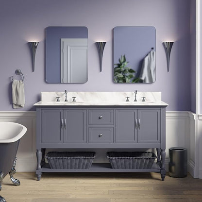Beverly 60-inch Double Bathroom Vanity (Marine Gray/Carrara): Includes Marine Gray Cabinet with Authentic Italian Carrara Marble Countertop and White Ceramic Sinks
