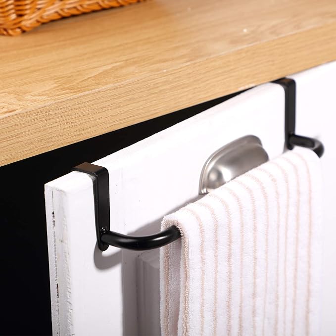 Patelai Over Cabinet Door Towel Bar, Metal Kitchen Rack,Black | Hang Inside or Outside Cabinet for Hand Towels, No Drill Install, Bathroom Organizer, Saves Counter Space, Fits Doors