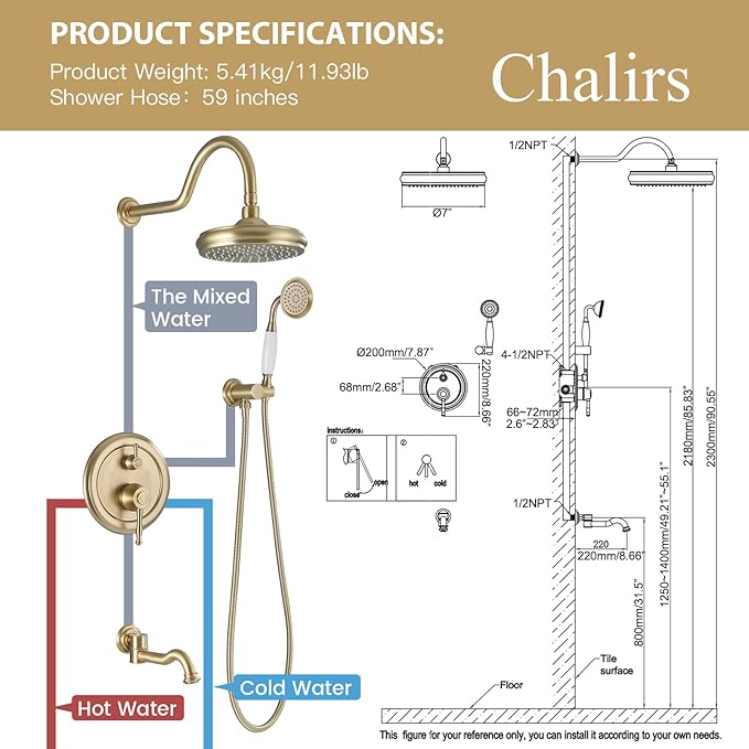 Rainfall Shower System with Handheld Sprayer,Brushed Gold Antique Shower Faucet Sets,Shower Fixture Combo with Brass Pressure Balance Valve,Complete Shower System Kit with Foldable Tub Spout