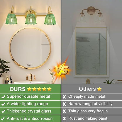 Bathroom Light Fixtures (3-Light), Vintage Brushed Gold Vanity Lights for Bathroom with Green Tulip Crystal Glass Shade, Vanity Wall Light Over Mirror for Bedroom Living Room Hallway