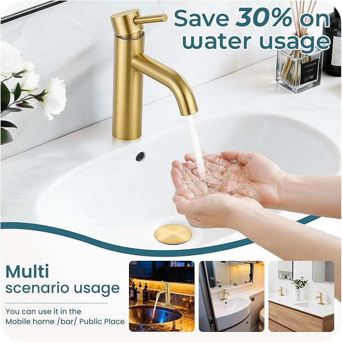 Brushed Gold Bathroom Faucet Single Handle Bathroom Sink Faucet | with Pop-up Drain & Deck,Supply Hoses,Stainless Steel Bathroom Sink Faucet 1/3 Hole,Water-saving aerator,Fits home,RV