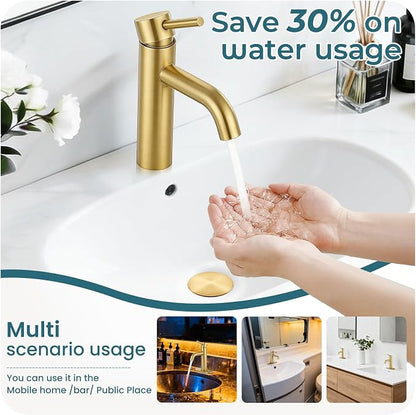 Brushed Gold Bathroom Faucet Single Handle Bathroom Sink Faucet | with Pop-up Drain & Deck,Supply Hoses,Stainless Steel Bathroom Sink Faucet 1/3 Hole,Water-saving aerator,Fits home,RV