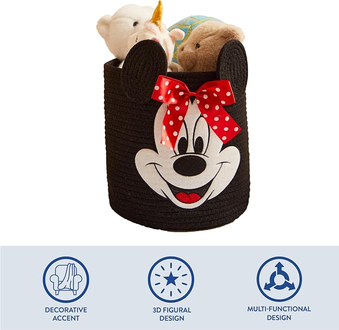 Disney Minnie Mouse Rope Storage Basket,Cute Figural Organizer Bin for Kids Room, Nursery or Toys, 10" H x 10" W