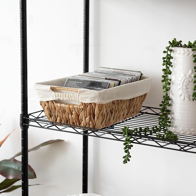 Wicker Storage Baskets with Liners, Water Hyacinth Storage Baskets with Built-in Handles Handwoven Shelf Baskets Storage Boxes Organizers for Clothes/Dresser/Bathroom/Shelves/Towels, 2 Pack