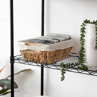 Wicker Storage Baskets with Liners, Water Hyacinth Storage Baskets with Built-in Handles Handwoven Shelf Baskets Storage Boxes Organizers for Clothes/Dresser/Bathroom/Shelves/Towels, 2 Pack