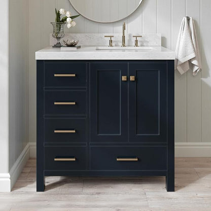 ARIEL Cambridge 36-inch Bathroom Vanity with Sink,Solid Wood, 2-inch Italian Carrara Marble Countertop, Single Rectangular Porcelain Sink, 2 Soft Closing Doors, 5 Dovetail Drawers, Midnight Blue