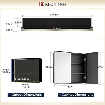 Keonjinn 40" x 30" Medicine Cabinets with Mirror for Bathroom, Brushed Nickel Recessed or Surface Wall-Mounted Aluminum Alloy Framed Beveled Mirror, Farmhouse Bathroom Mirror with Storage Cabinet