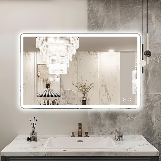 Niccy Rectangle LED Bathroom Mirrors, Vanity Mirror with Lights, 20"x32" | Frameless Lighted Mirror for Bedroom Living Room, 3 Colors & Stepless Dimmable Anti-Fog Memory Function, Horizontal/Vertical