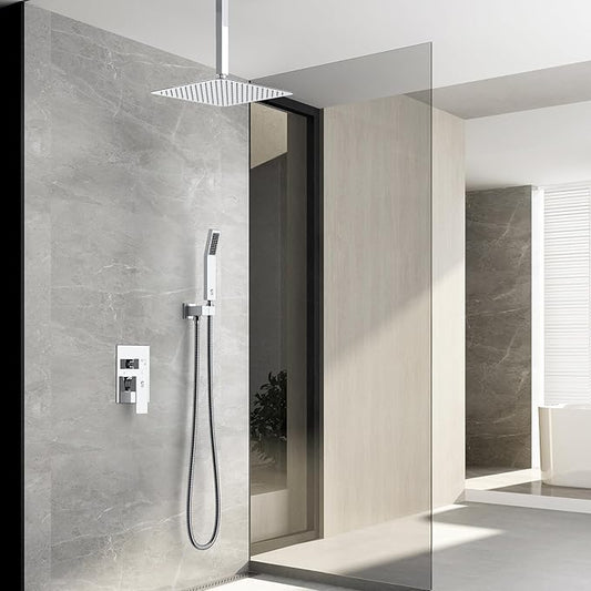 SR SUN RISE 12 Inch Ceiling Mounted Shower System Rain Mixer Combo Set Rainfall Shower Head System Faucet Trim Repair Kits Polished Chrome Rough-in Valve Body and Trim Included