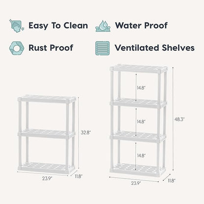 IRIS USA 4-Shelf Light Duty Plastic Storage Shelves, 200lb Capacity, 48" H x 24" W x 12" D, Medium Modular Shelving Unit Storage Organizer for Bathroom, Laundry, Garage & Home, Storage Rack - White