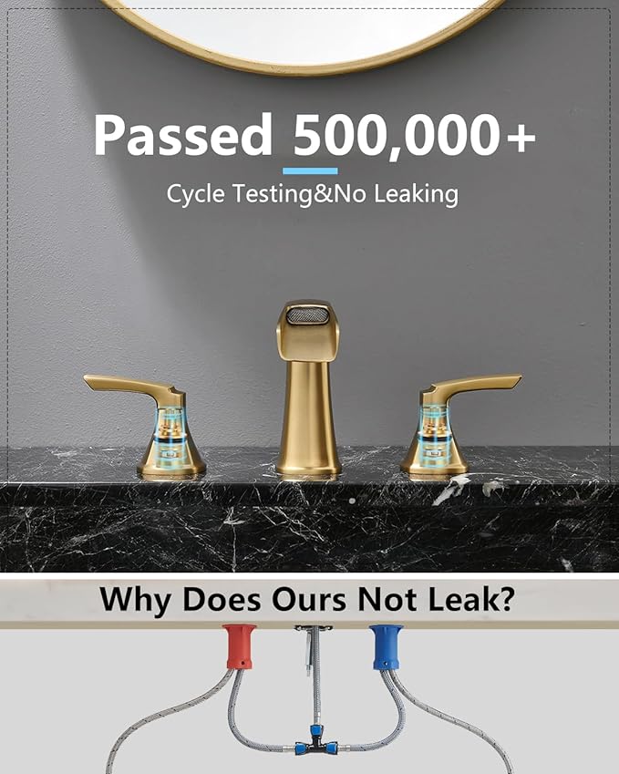 Fapully Brushed Gold Bathroom Faucet 3 Hole, Waterfall 8 Inch Widespread Bathroom Sink Faucet with Pop-up Drain, Two-Handle Faucet for Bathroom Sink