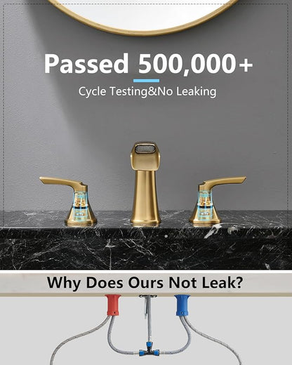 Fapully Brushed Gold Bathroom Faucet 3 Hole, Waterfall 8 Inch Widespread Bathroom Sink Faucet with Pop-up Drain, Two-Handle Faucet for Bathroom Sink