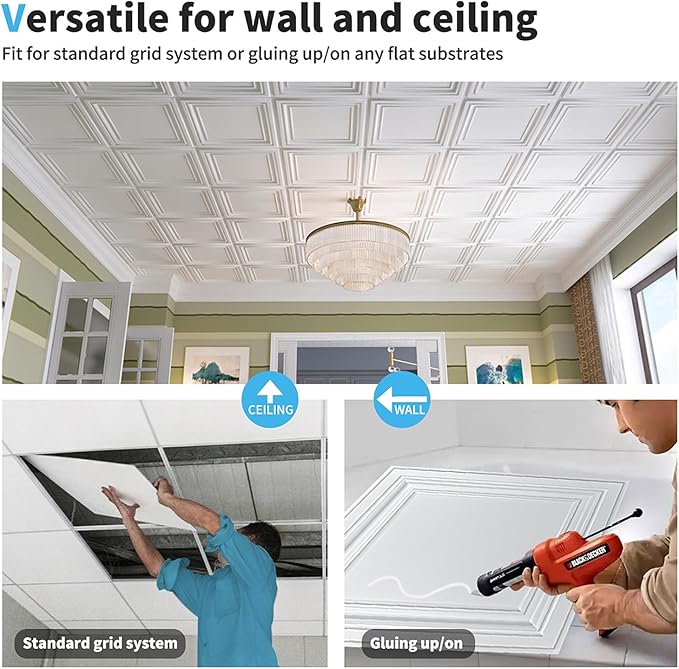 Art3d PVC Ceiling Tiles, 3D Plastic Sheet in White, 2 x 2 ft, 24-Pack | Lightweight, Waterproof, No Sag and Breakage, Compatible with Grid System, Perfect for Basement, Kitchen