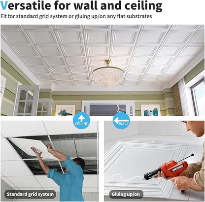 Art3d PVC Ceiling Tiles, 3D Plastic Sheet in White, 2 x 2 ft, 24-Pack | Lightweight, Waterproof, No Sag and Breakage, Compatible with Grid System, Perfect for Basement, Kitchen