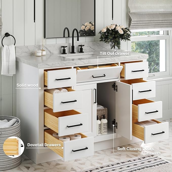 ARIEL Hepburn 48-inch Bathroom Vanity Base Cabinet,Solid Wood, 2 Soft Closing Doors, 9 Dovetail Drawers, White