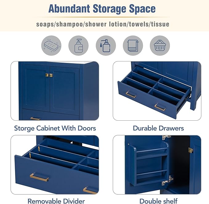 LUMISOL 30" Bathroom Vanity with Sink, Modern Bathroom Sink Cabinet with One Drawer, Soft-Close Doors & Adjustable Shelf, Freestanding Bathroom Storage Cabinet with Undermount Ceramic Sink, Blue