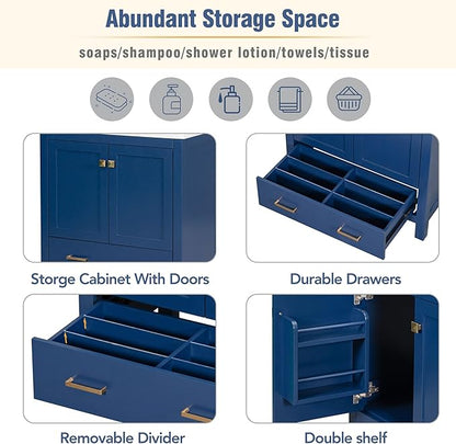LUMISOL 30" Bathroom Vanity with Sink, Modern Bathroom Sink Cabinet with One Drawer, Soft-Close Doors & Adjustable Shelf, Freestanding Bathroom Storage Cabinet with Undermount Ceramic Sink, Blue