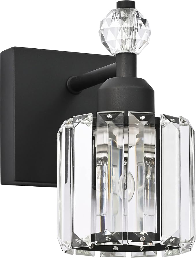 PRESDE 1-Light Bathroom Vanity Light, Modern Matte Black Wall Sconce with Crystal Shade, Single Wall Lamp for Over Mirror Bedroom Hallway