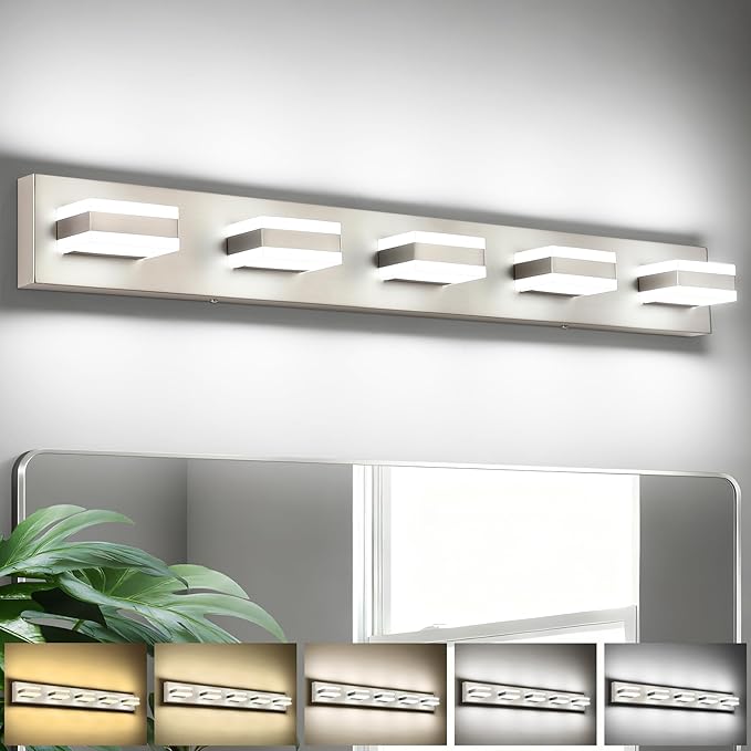 SOLFART Bathroom Brushed Nickel Bathroom Light Fixture, Vanity Lights Over Mirror, 5 Light Led Lights for Bathrooms,5 Color Temperature Adjustable Vanity Lights for Bath Nickel