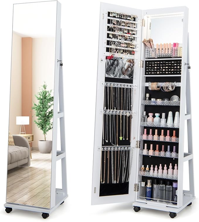 GOFLAME Jewelry Cabinet with Full Length Mirror, Lockable Jewelry Storage Organizer with Wheels, 3-Color LED Lights, Inner Mirror, Freestanding Jewelry Armoire with Rear Storage Shelves, White