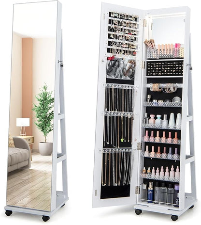 GOFLAME Jewelry Cabinet with Full Length Mirror, Lockable Jewelry Storage Organizer with Wheels, 3-Color LED Lights, Inner Mirror, Freestanding Jewelry Armoire with Rear Storage Shelves, White