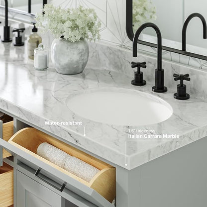 ARIEL Hepburn 66-inch Bathroom Vanity with Sink,Solid Wood, 1.5-inch Italian Carrara Marble Countertop & Backsplash, Double Oval Porcelain Sink, 4 Soft Closing Doors, 6 Dovetail Drawers, Grey