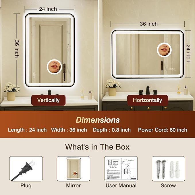24x36 Inch Black Framed LED Bathroom Mirror with Lights,Magnifying Tempered Glass, Dimmable Lighted Bathroom Vanity Mirror with 3 Colors, Backlit + Frontlit,Anti-Fog