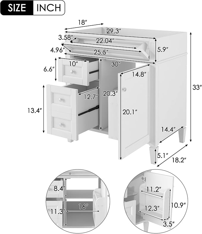 30" Bathroom Vanity Without Top Sink,Modern Freestanding Bath Storage Cabinet with 2 Soft-Close Drawers & Tip-Out Tray,Solid Wood Vanity Only w/Adjustable Shelf & Door Organizer,White