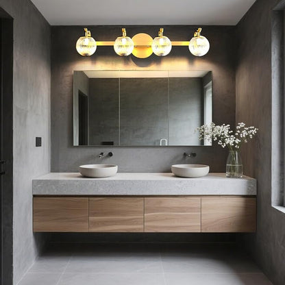 Lightdot Upgrade 4 Light Bathroom Vanity Light, 26" Modern Gold Vanity Lights with Waterproof Crystal Ribbed Lampshade, Rust-Proof Bathroom Light Fixtures Over Mirror for Kitchen Hallway Cabinet