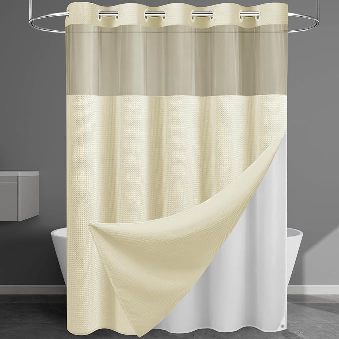 EUTXL Heavyweight Waffle No Hook Shower Curtain with Liner, 71x74, Ivory | Snap in Liner, 256GSM, Thick, Hotel Luxury Spa, Waterproof Fabric, Corner Magnets, 3 in 1 Set, Washable, Hang in Seconds