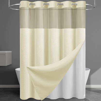 EUTXL Heavyweight Waffle No Hook Shower Curtain with Liner, 71x74, Ivory | Snap in Liner, 256GSM, Thick, Hotel Luxury Spa, Waterproof Fabric, Corner Magnets, 3 in 1 Set, Washable, Hang in Seconds
