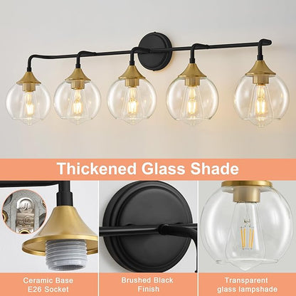 Bathroom Vanity Light with Clear Glass Shade, E26 Base, Vanity Lighting Fixtures Over Mirror, 39 Inch Vanity Lights for Bathroom (Exclude E26 Bulb) (Black and Gold, 5-Lights)