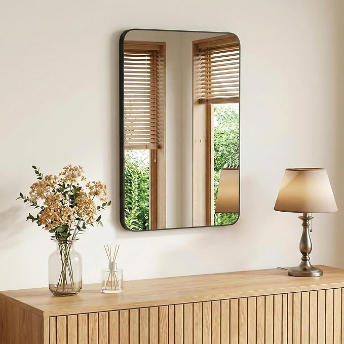 Sweetcrispy Bathroom Mirror, Vanity Mirrors for Wall, 26x38 Inch | Matte Metal Frame, Rounded Rectangle, Over Sink Home Decor, Living Room Bedroom, Black