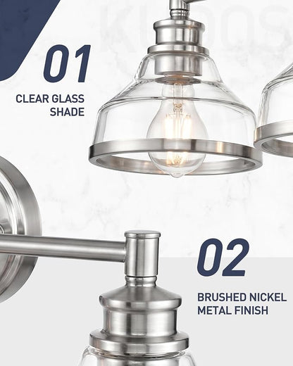 kudos 3-Light Brushed Nickel Vanity Light, Clear Glass Shade | 24" bathroom light fixtures over mirror, upward or downward, E26 base, bulbs not included, Hardwired, KDVL20-BN-3