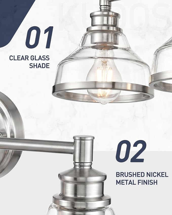 kudos 4-Light Brushed Nickel Vanity Light, Clear Glass Shade | 33" bathroom light fixtures over mirror, upward or downward, E26 base, bulbs not included, Hardwired, KDVL20-BN-4