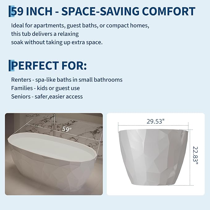 Freestanding Bathtub 59 Inch Acrylic Free Standing Tub – Diamond-Style Carved Texture Exterior, Freestanding Bathtubs with Chrome Overflow & Pop-Up Drain, Modern Bathroom Tub for Home Spa Upgrade