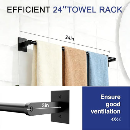 Towel Rack, 24-Inch Towel Holder 304 Stainless Steel, Hardware Set Towel Bar for Bathroom, Kitchen, Cabinet in Hotel or Home, Matte Black & Wall Mounted